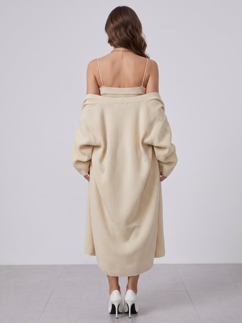 Women's Beige Ribbed Knit Maxi Sweater Dress Long Cardigan 2 Piece Set - Picture 2 of 5